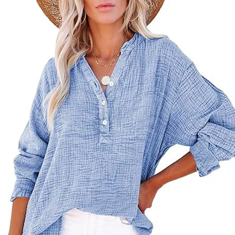 🏆🏆🔥Last Day Sale 50%🔥🌸🌸Women’s Casual Gauze Button Neck Long Sleeve Blouse