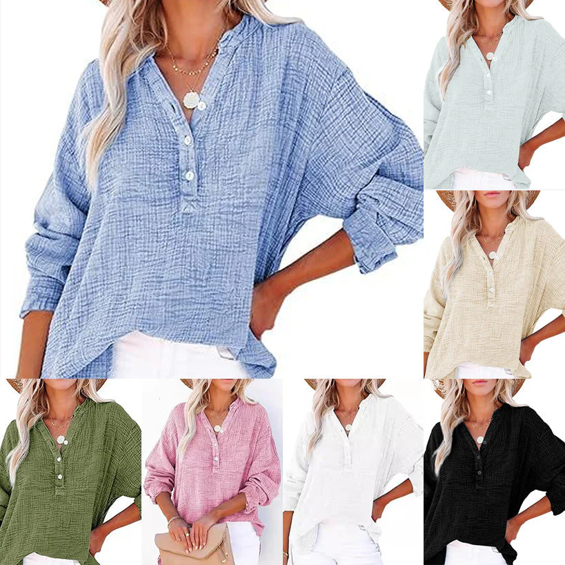 🏆🏆🔥Last Day Sale 50%🔥🌸🌸Women’s Casual Gauze Button Neck Long Sleeve Blouse