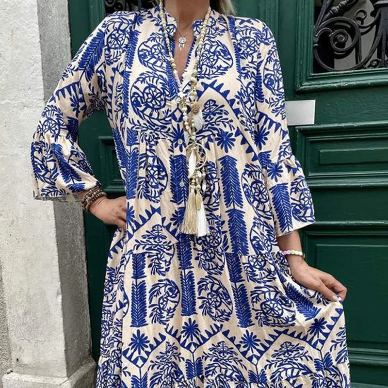 💕Summer Specials💃Women's Printed V-Neck Pleated Dress