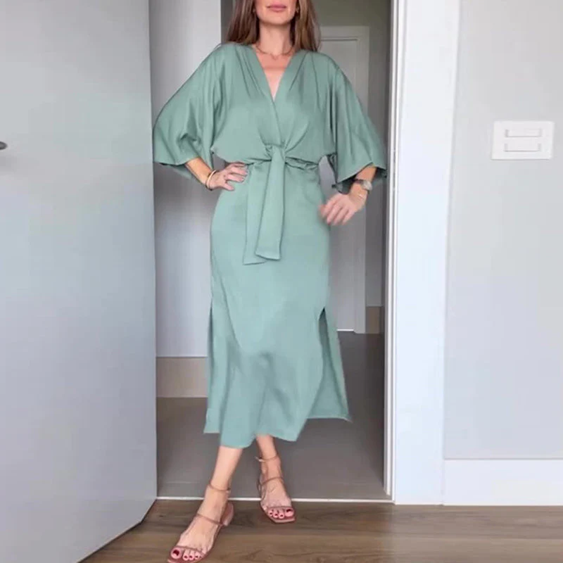 💃Women’s Elegant Waist Tie Side Slit V-Neck Dress