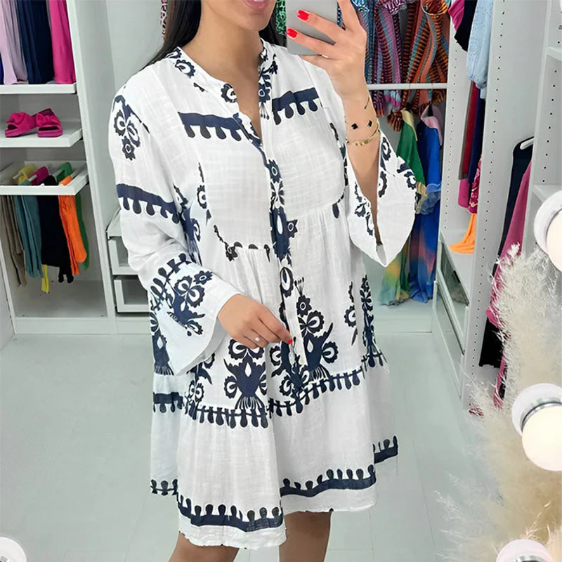 V Neck Button-Down Babydoll Dress