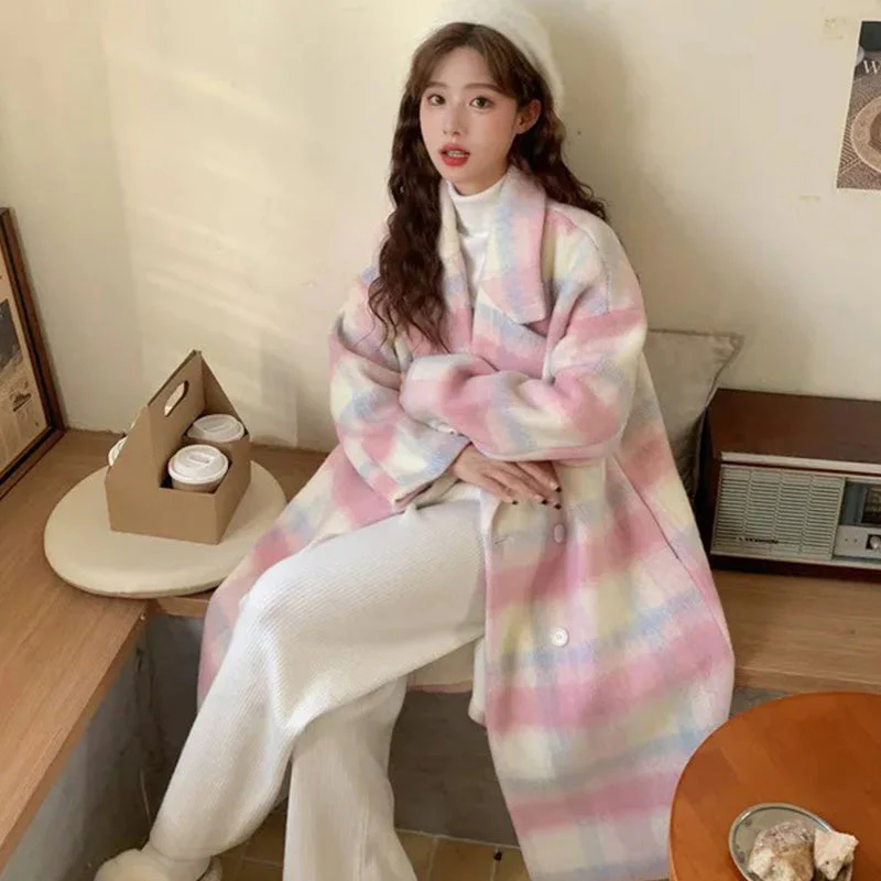 🎁Warm Winter Gift💃Women's Plaid Synthetic Wool Loose Fit Long Coat