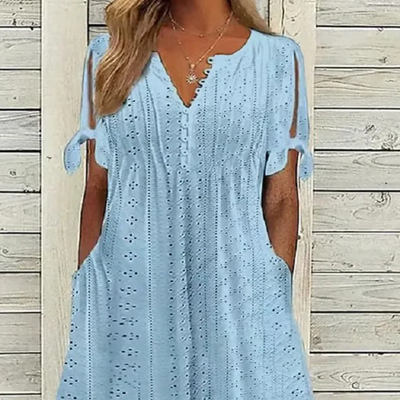 💃Women's Elegant V-Neck Hollow-Out Solid Dress