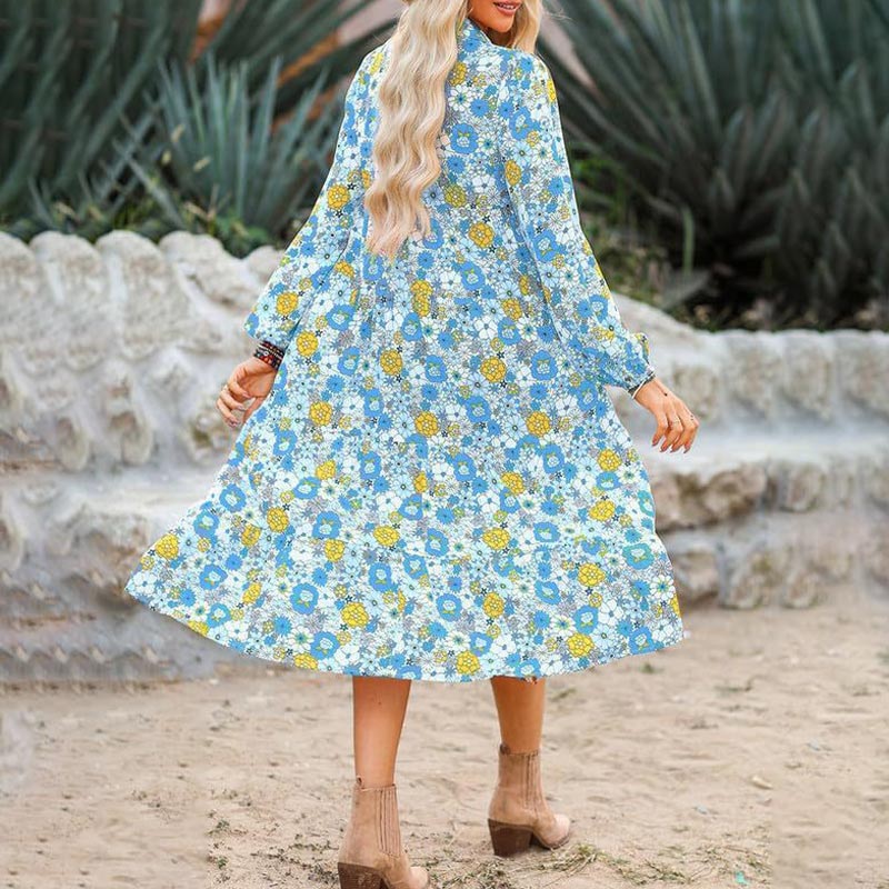 🌸Spring Specials🌸Women's Long Sleeve V Neck Bohemian Midi Dress