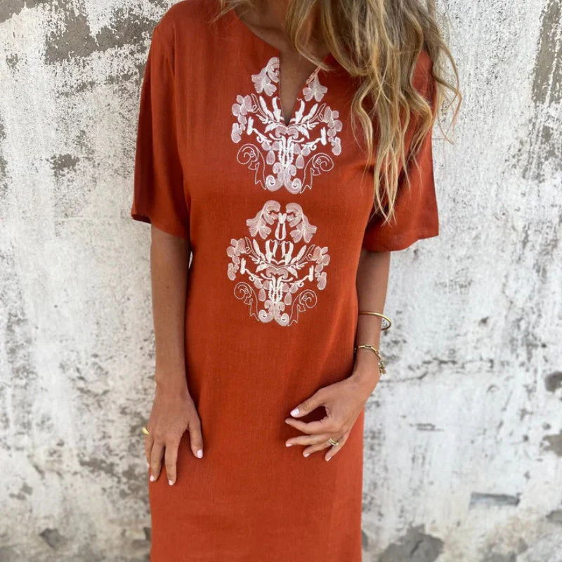 🌷✨Women's V-neck linen dress with hand embroidered neckline
