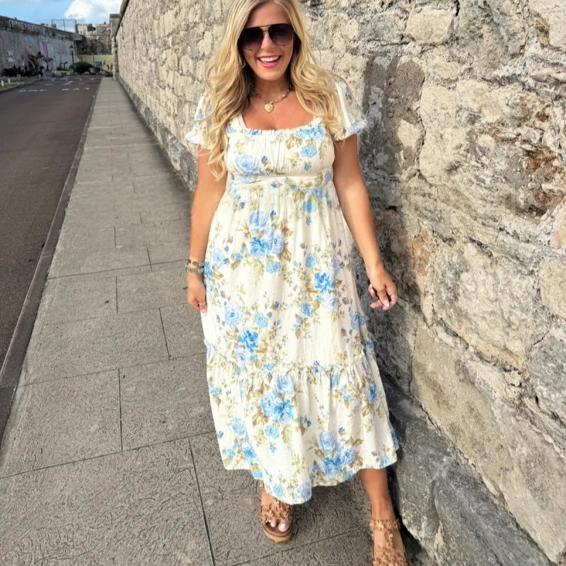 💃Summer Specials🎨Women's Printed Square Neck Pleated Short Sleeve Dress