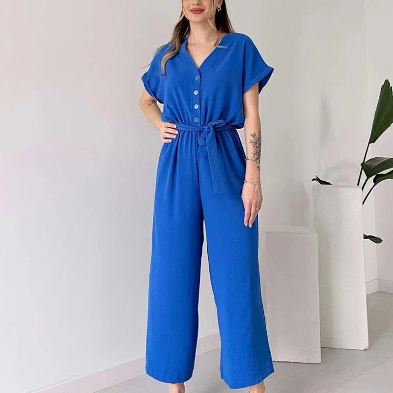 💖Women's V-Neck Short Sleeve Casual Jumpsuit