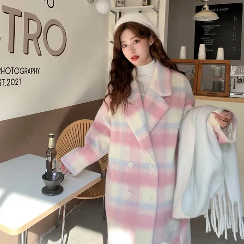 🎁Warm Winter Gift💃Women's Plaid Synthetic Wool Loose Fit Long Coat