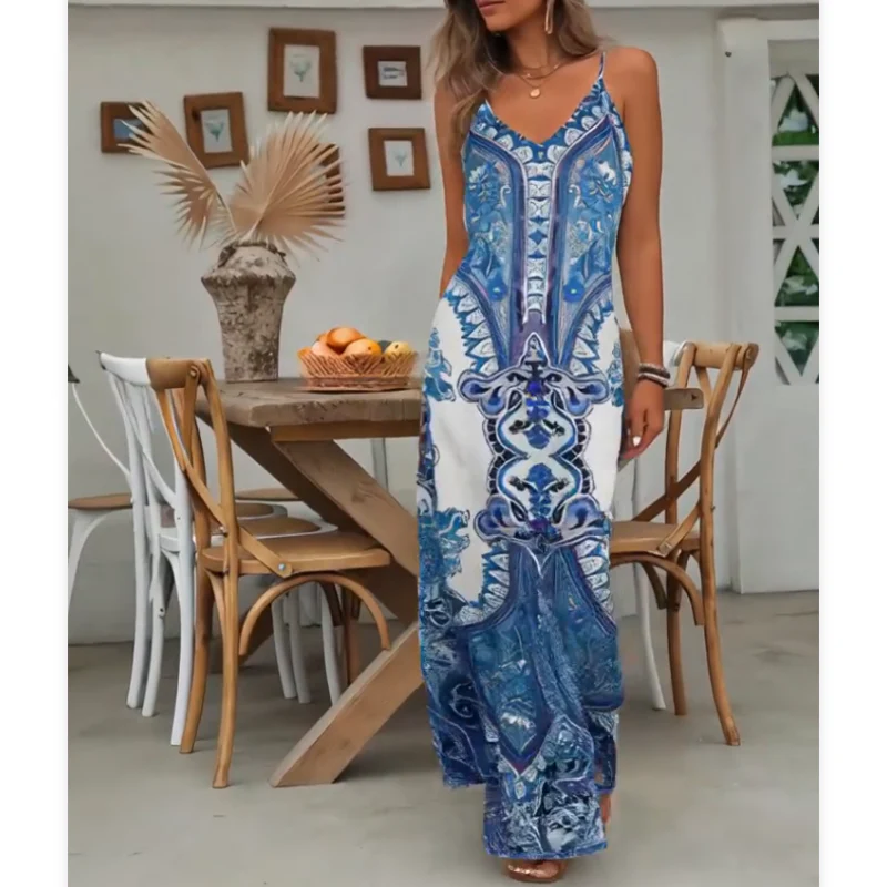 👗Women’s Retro Print V-Neck Sleeveless Maxi Dress