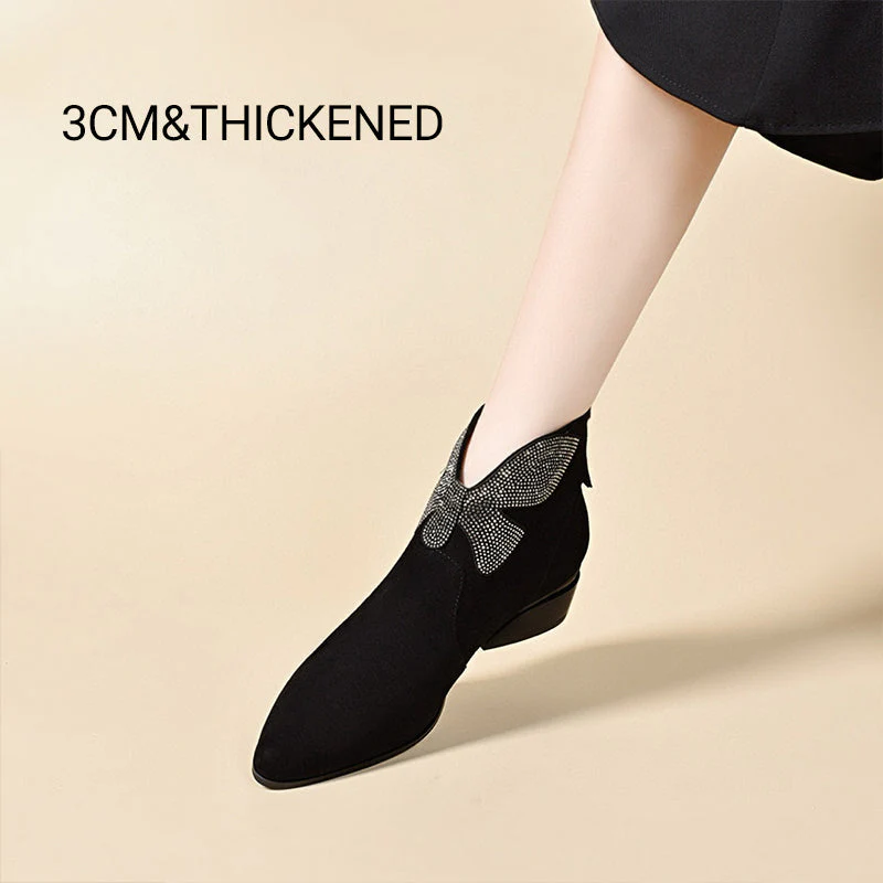 🔥New Year Specials🔥Shiny Bowknot Pointed Toe Chunky Ankle Boots