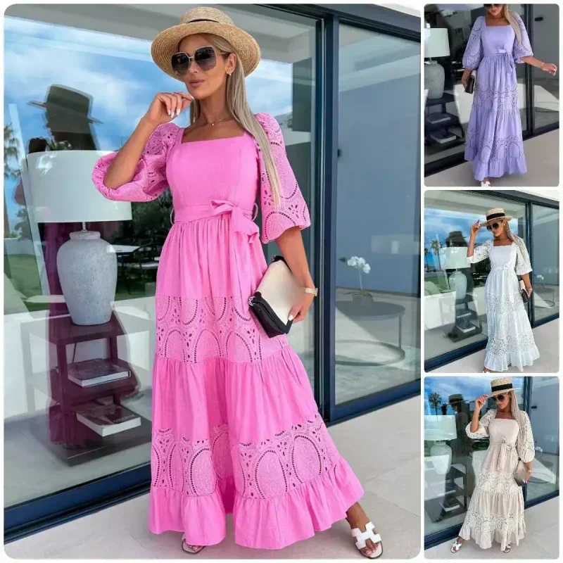 💖Women’s Trendy Patchwork Tie Waist Square Neck Long Dress
