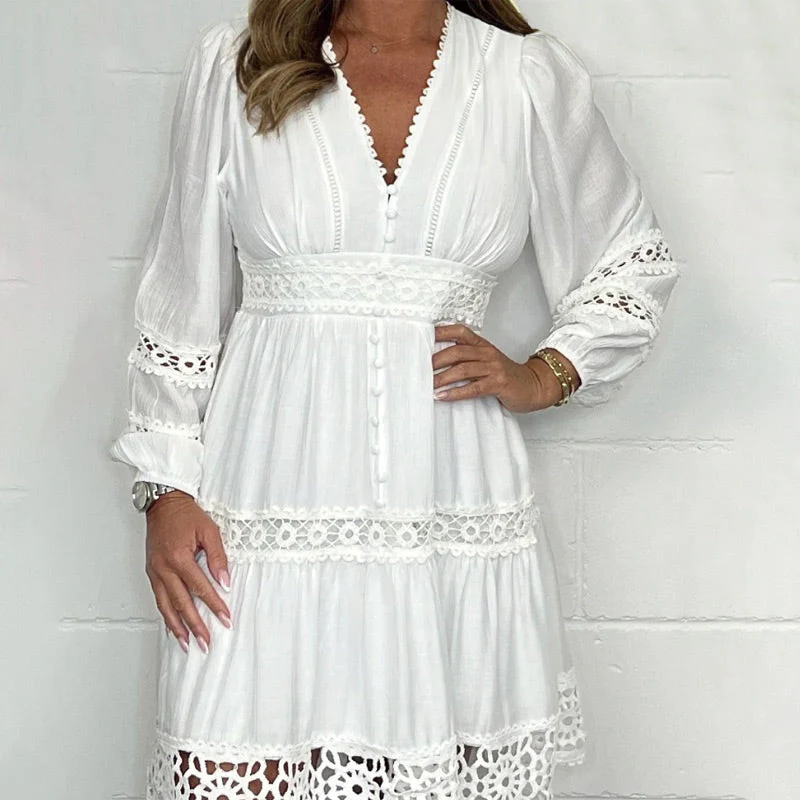 👗Women's White Vintage Hollow Out Lace V-Neck Dress