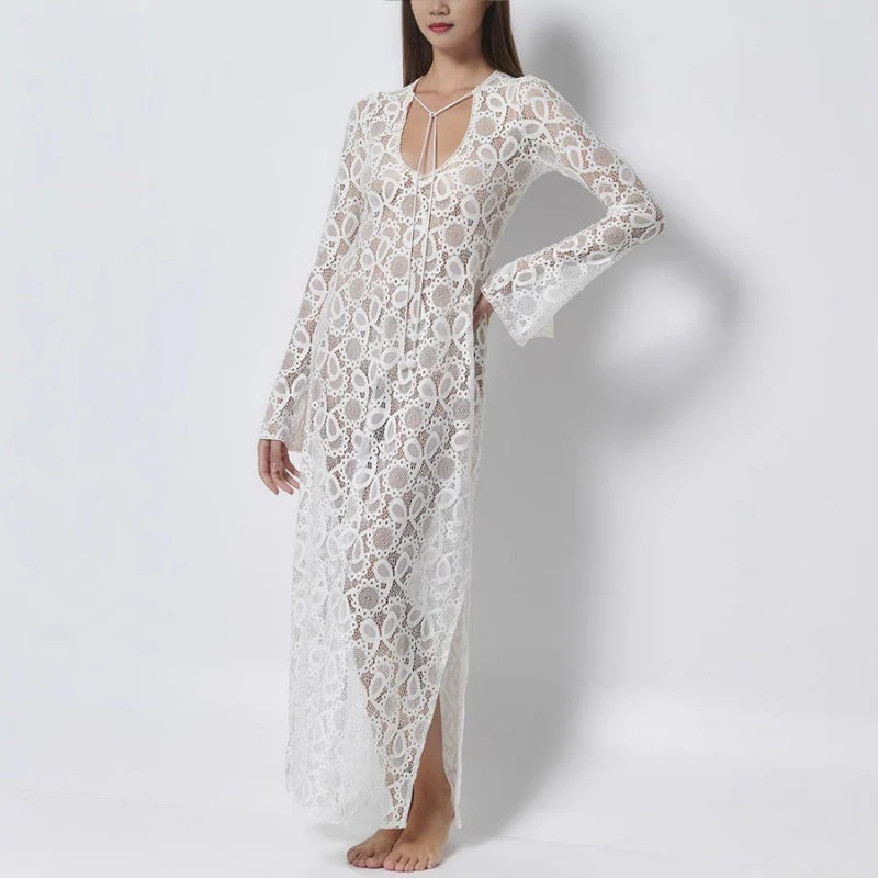 💐💐💐Elegant U-Neck Floral Lace Sheer Midi Dress