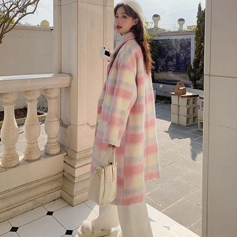 🎁Warm Winter Gift💃Women's Plaid Synthetic Wool Loose Fit Long Coat