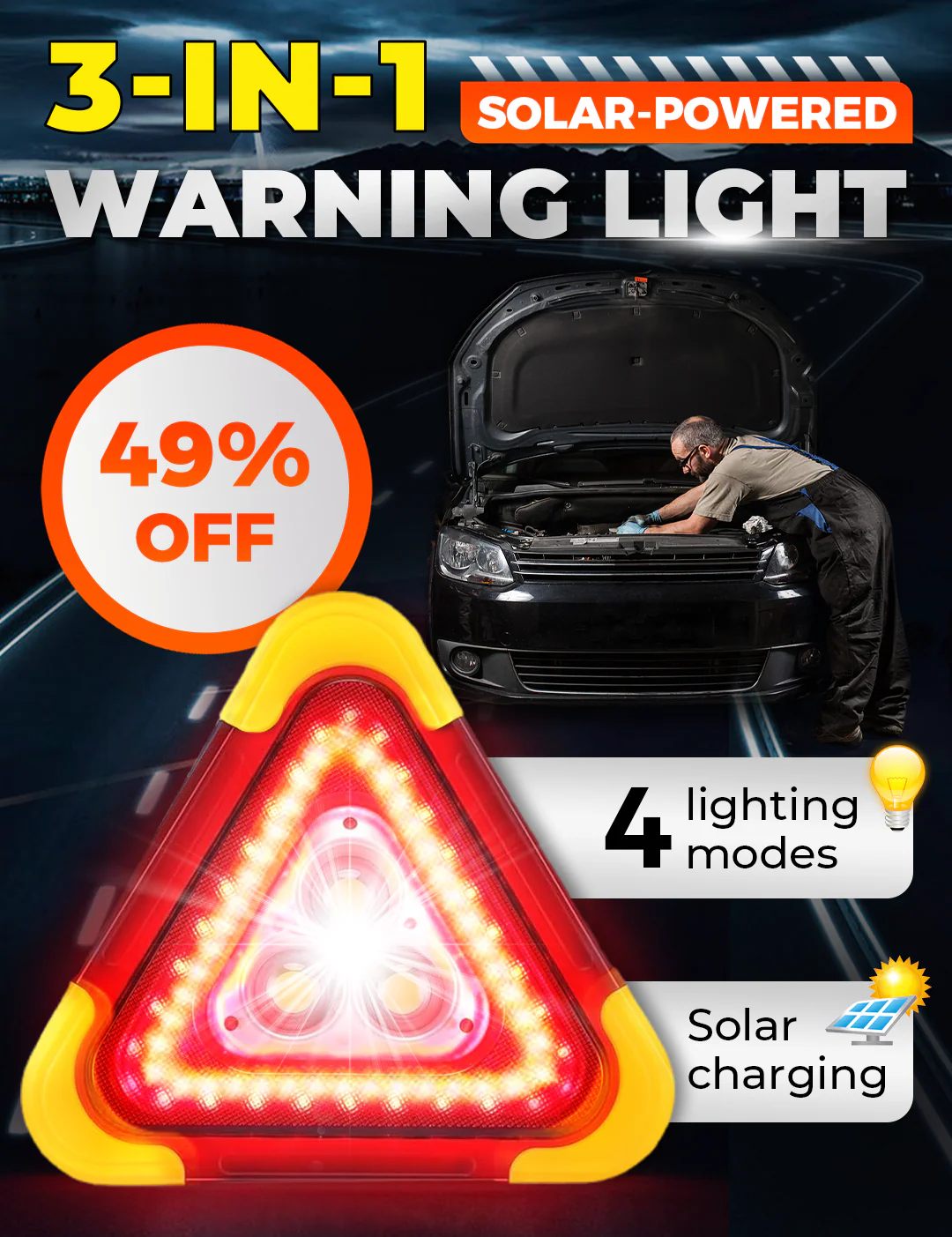 🔥2025 New Arrival🔥3-IN-1 Solar Emergency Triangle Warning Light at the Roadside