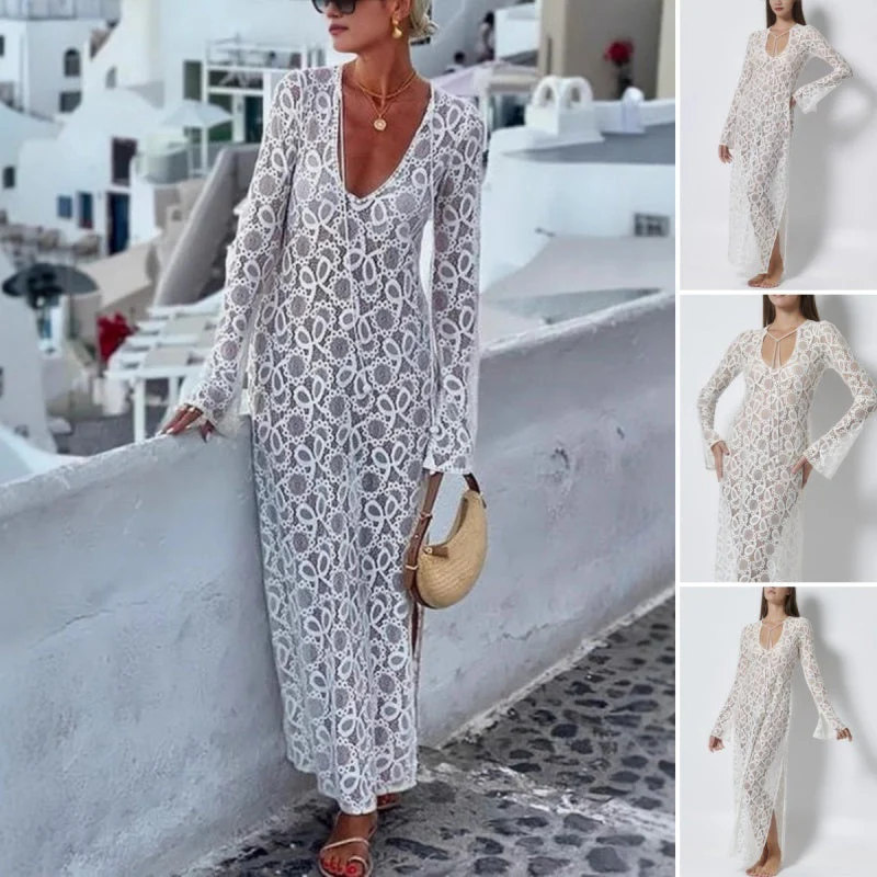 💐💐💐Elegant U-Neck Floral Lace Sheer Midi Dress