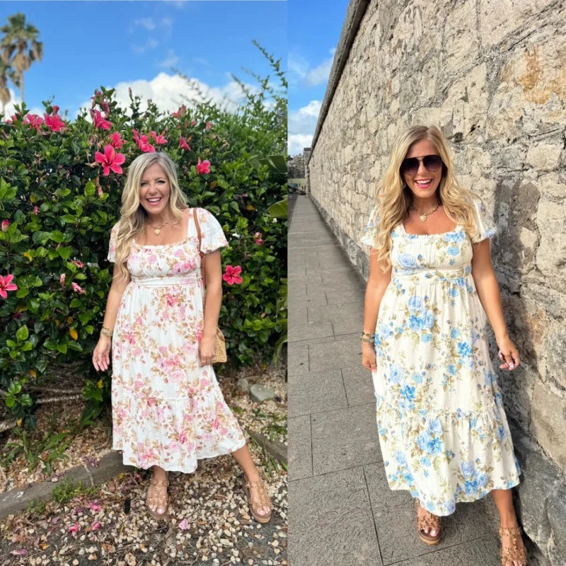 💃Summer Specials🎨Women's Printed Square Neck Pleated Short Sleeve Dress