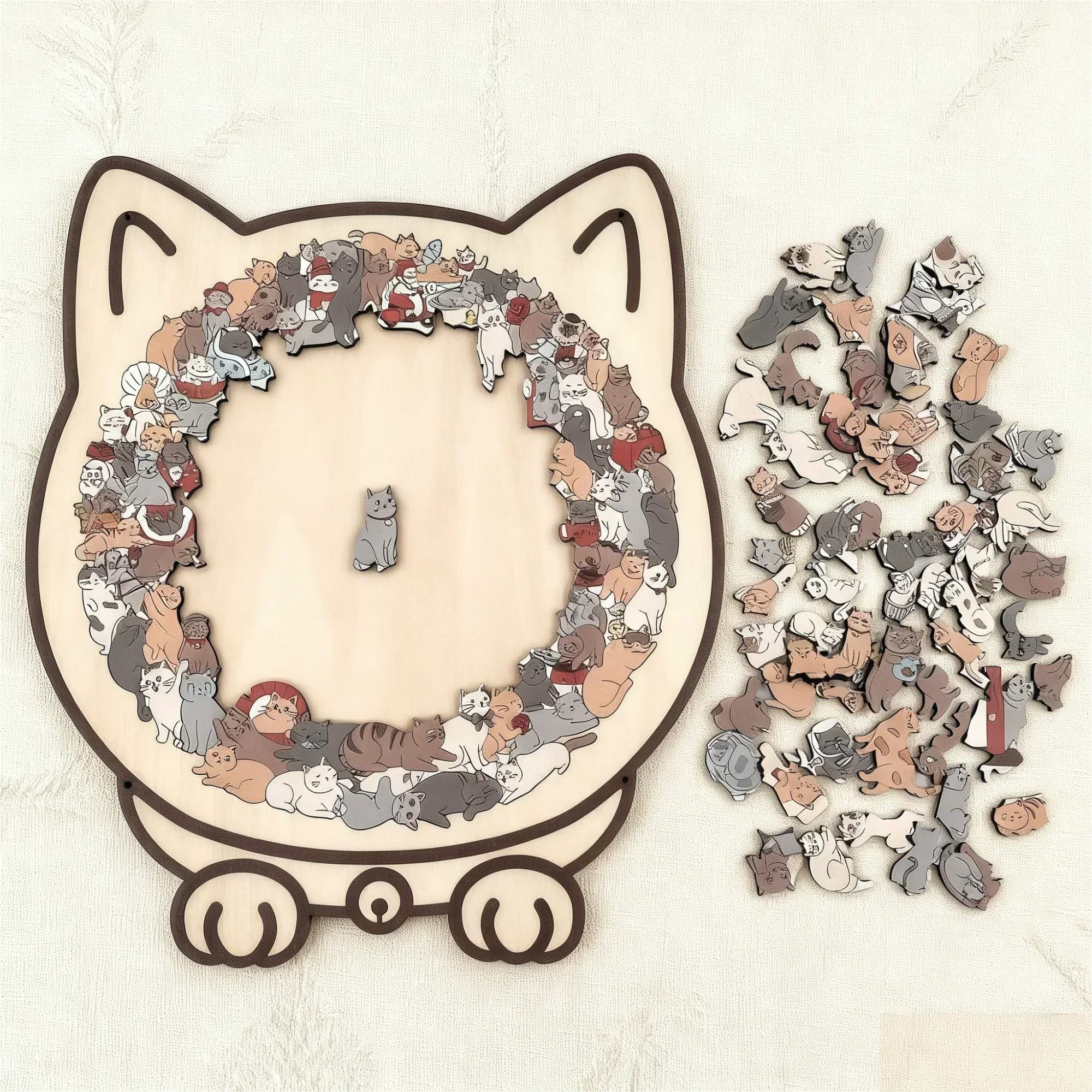 🎁Nice Christmas Gift🎅135-Piece Morandi-Colored Cat Shaped Wooden Jigsaw Puzzle