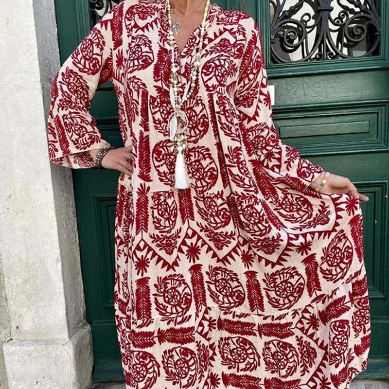 💕Summer Specials💃Women's Printed V-Neck Pleated Dress