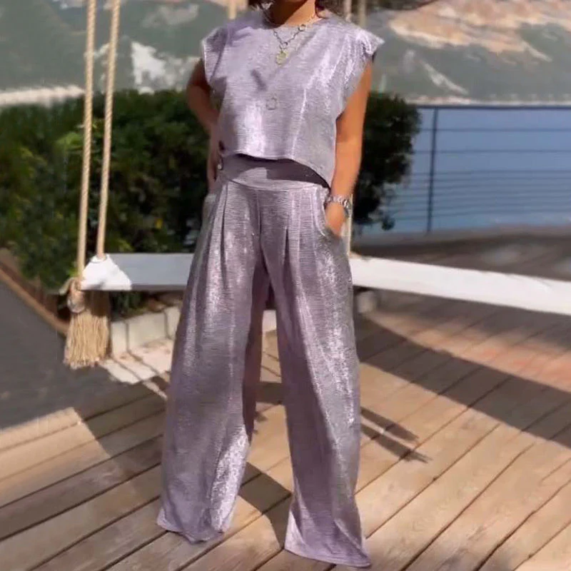 🔥Women's shiny loose crop top and wide-leg pants with pockets
