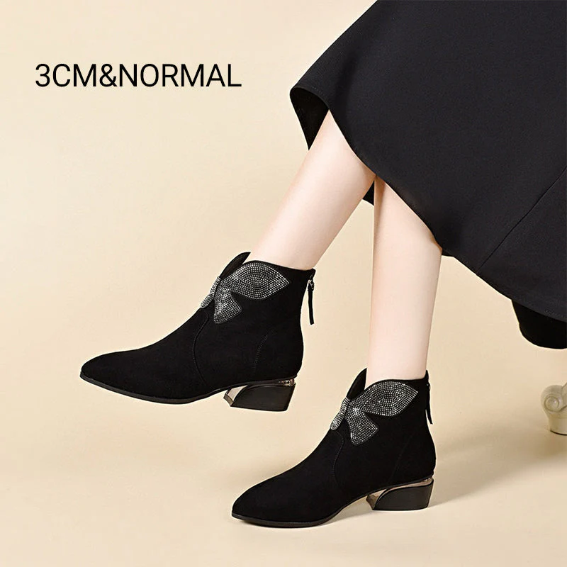 🔥New Year Specials🔥Shiny Bowknot Pointed Toe Chunky Ankle Boots