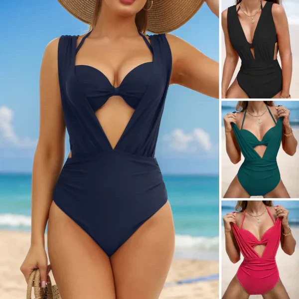 🏖️Summer Specials🩱Women's Underwire Tummy Control One Piece Halter Plunging Neck Swimsuit