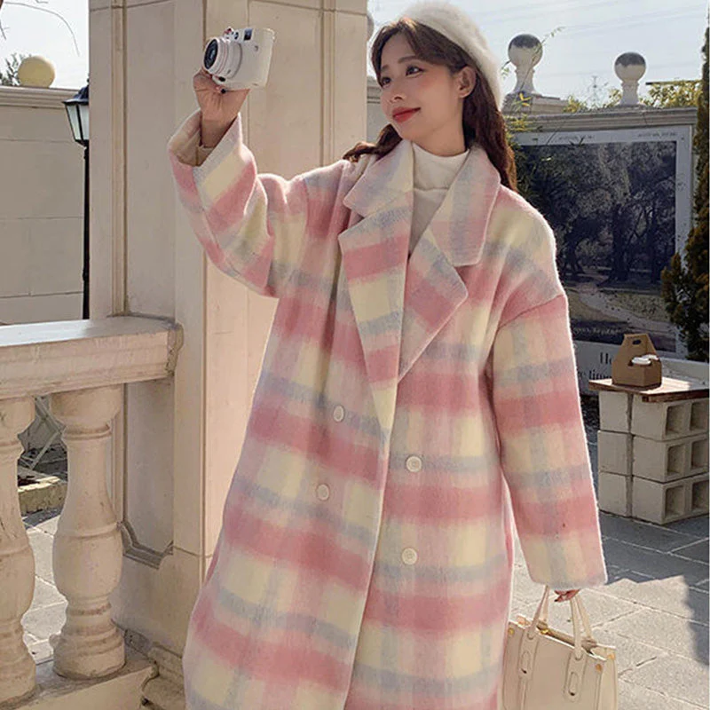 🎁Warm Winter Gift💃Women's Plaid Synthetic Wool Loose Fit Long Coat
