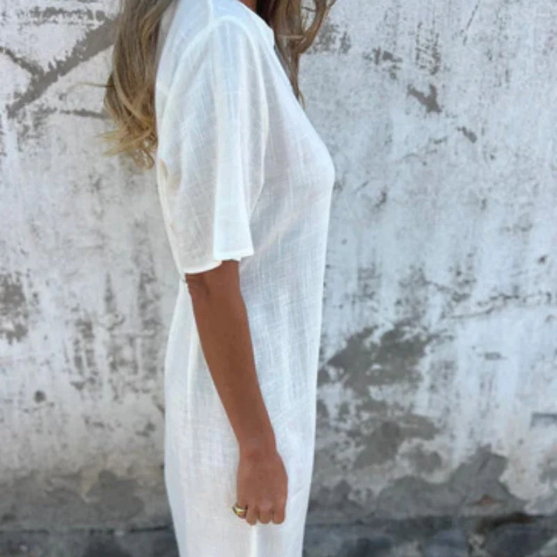 🌷✨Women's V-neck linen dress with hand embroidered neckline