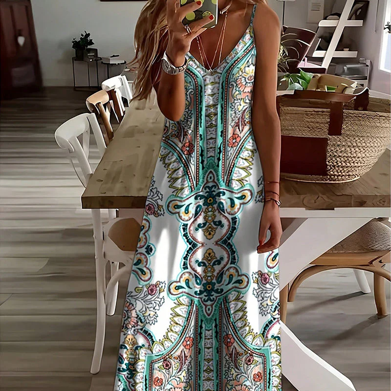 👗Women’s Retro Print V-Neck Sleeveless Maxi Dress