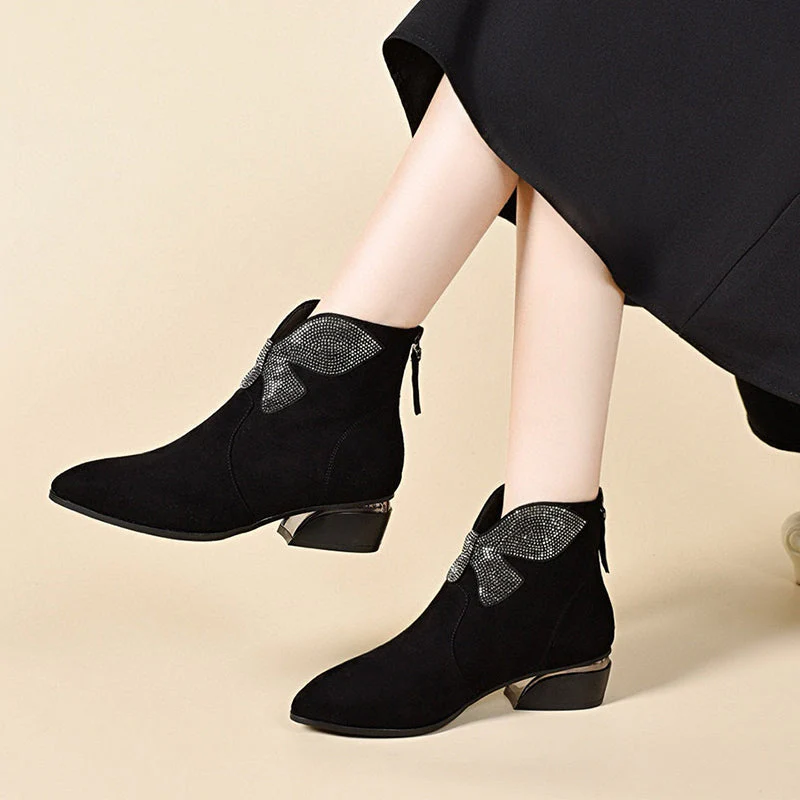 🔥New Year Specials🔥Shiny Bowknot Pointed Toe Chunky Ankle Boots