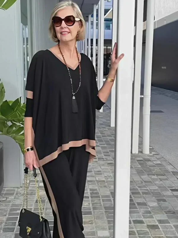 🔥Summer V-neck patchwork 3/4 sleeve two-piece suit