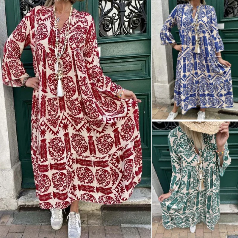 💕Summer Specials💃Women's Printed V-Neck Pleated Dress