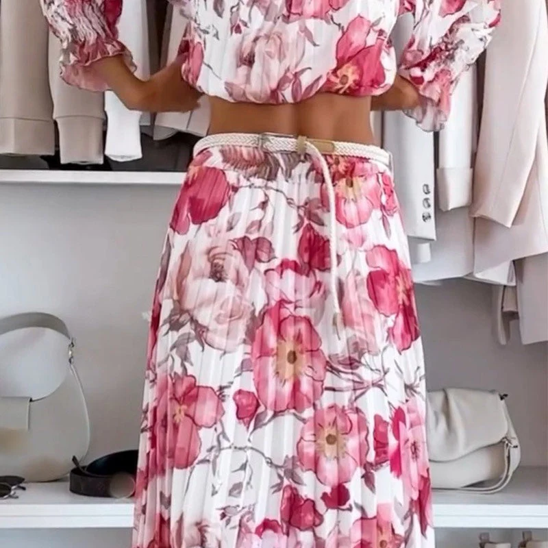🌸Summer dress 50% OFF👗Floral Print Off-Shoulder Top & Maxi Skirt Two-Piece Set💕