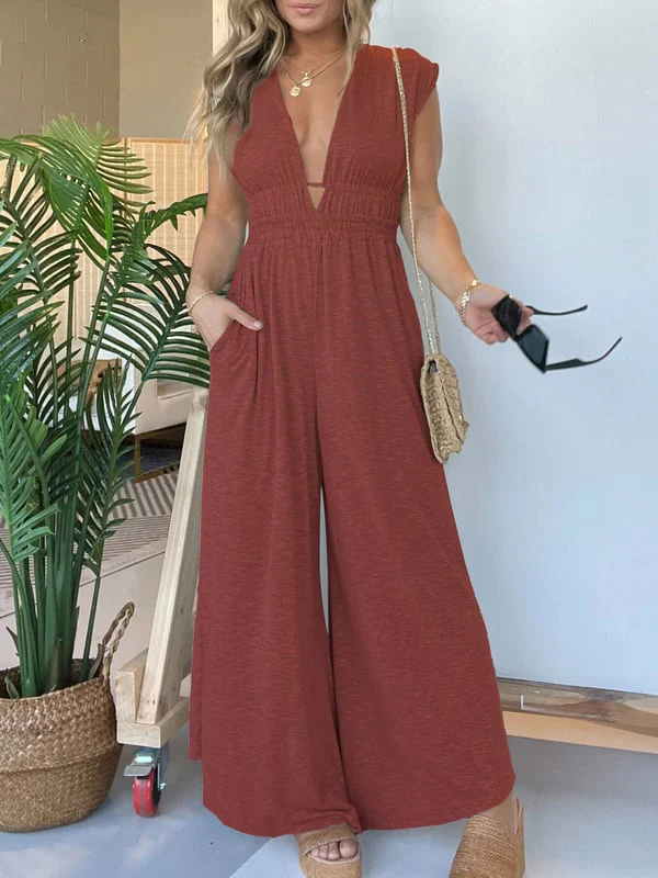 👗SUMMER HOT SALE 49% OFF🎁2024 NEW DEEP V HI LO HEM JUMPSUIT WITH POCKETS