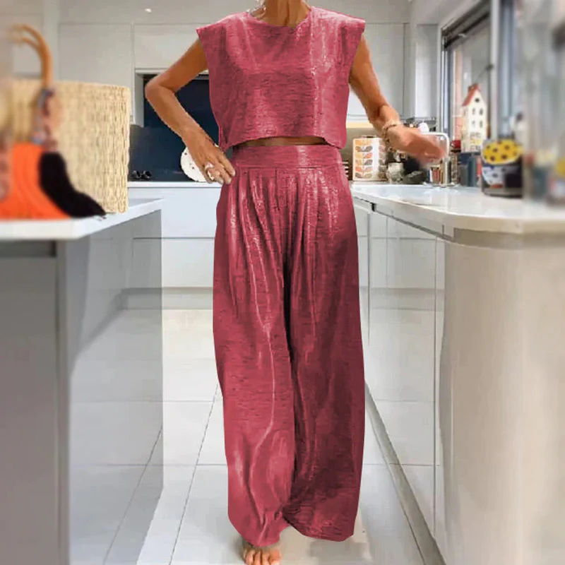 🔥Women's shiny loose crop top and wide-leg pants with pockets