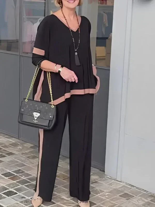 🔥Summer V-neck patchwork 3/4 sleeve two-piece suit