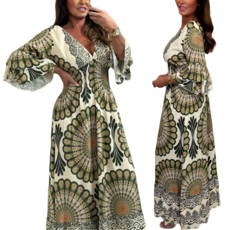 🔥Women's Retro Boho Deep V-Neck Maxi Dress🔥