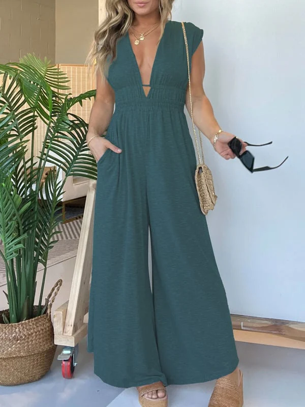 👗SUMMER HOT SALE 49% OFF🎁2024 NEW DEEP V HI LO HEM JUMPSUIT WITH POCKETS