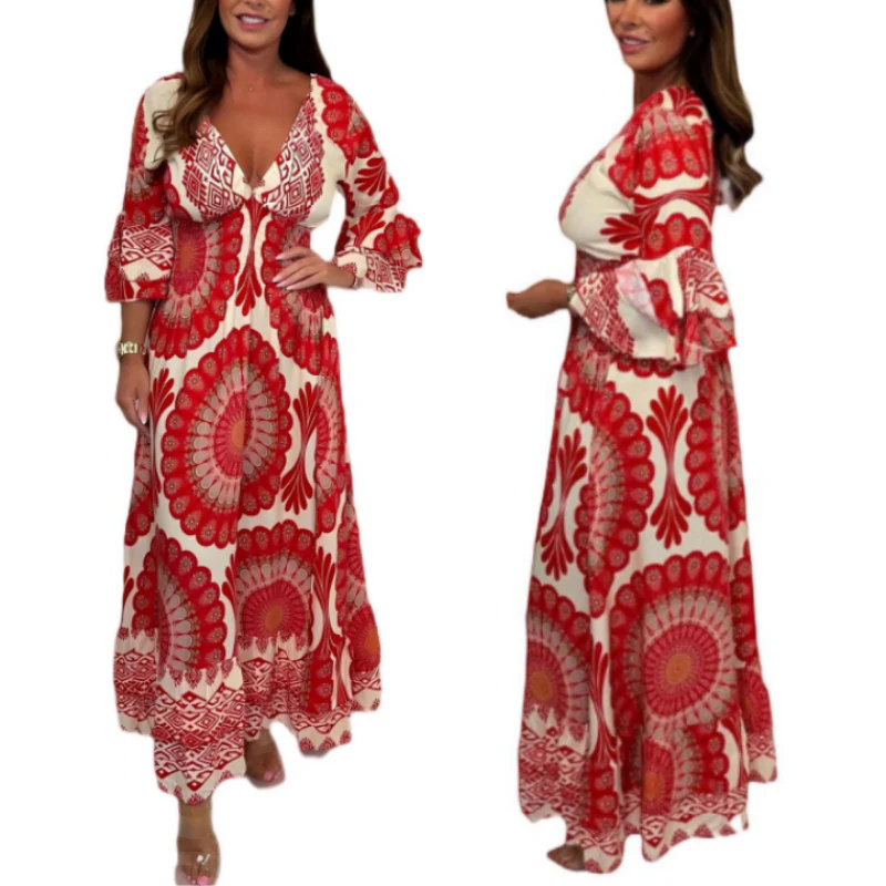 🔥Women's Retro Boho Deep V-Neck Maxi Dress🔥