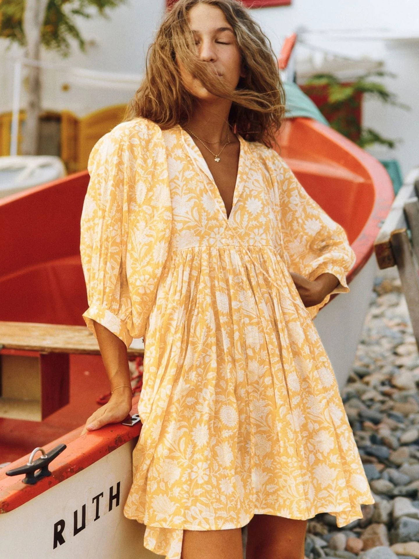 V Neck Summer Half Sleeve Floral Tunic Short Dress