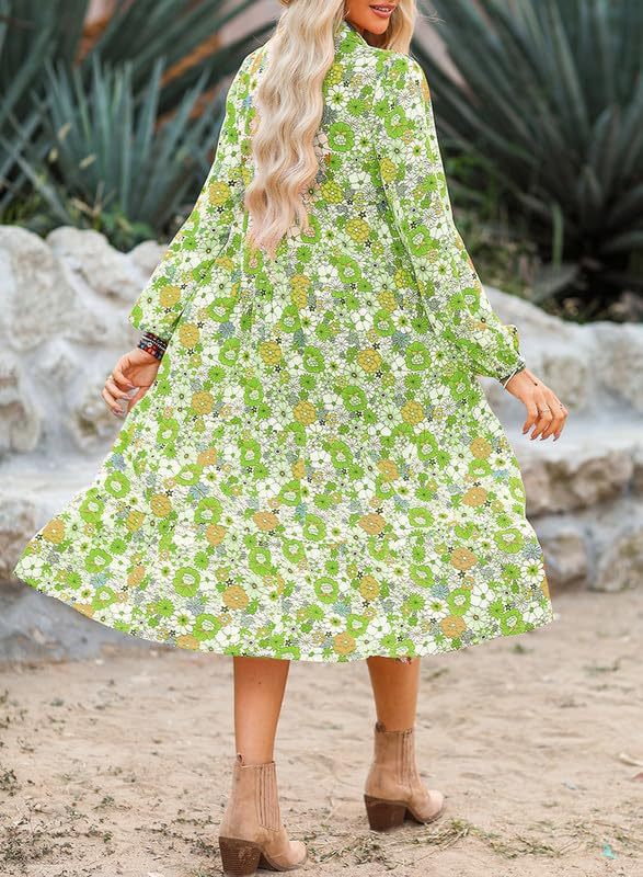🌸Spring Specials🌸Women's Long Sleeve V Neck Bohemian Midi Dress