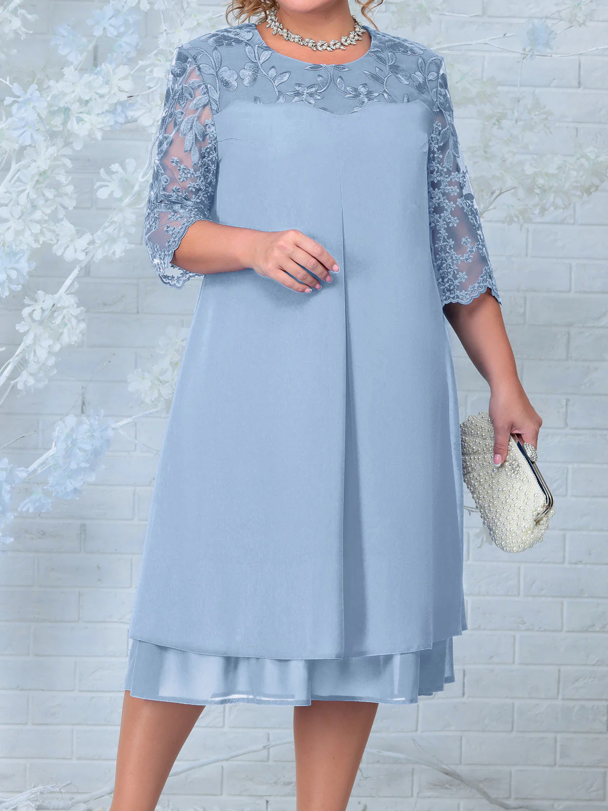 🌸Spring Specials💐 Women's Embroidered Chiffon Splicing Round Neck Dress