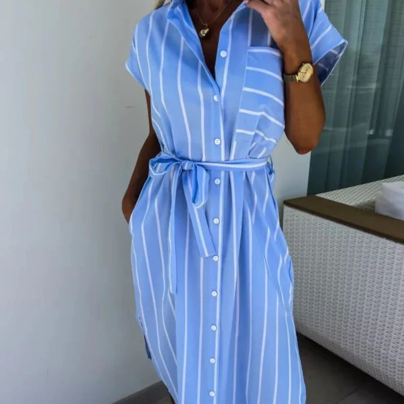🔥Women's Casual Striped Tie Waist Shirt Dress with Pocket✈️📦Buy 2 free shipping