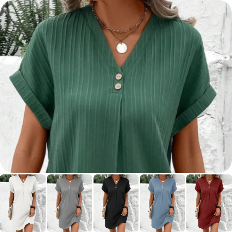 🌷Summer Hot Sale 🍃Simple Solid Color V-Neck Short Sleeve Dress for Women