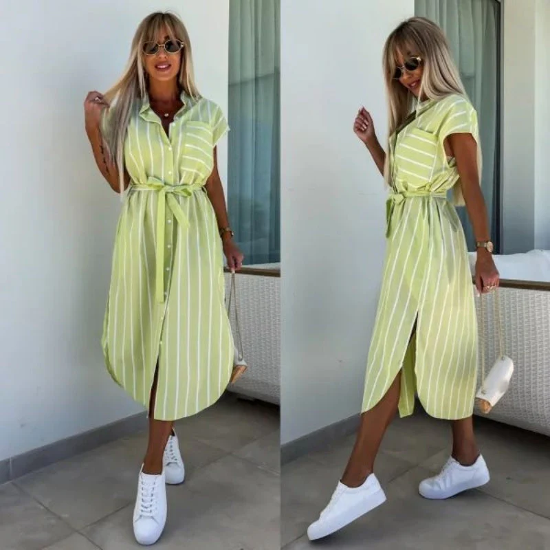🔥Women's Casual Striped Tie Waist Shirt Dress with Pocket✈️📦Buy 2 free shipping