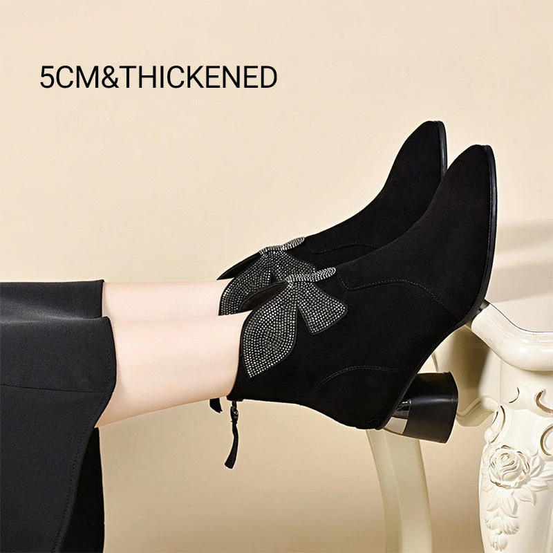🔥New Year Specials🔥Shiny Bowknot Pointed Toe Chunky Ankle Boots