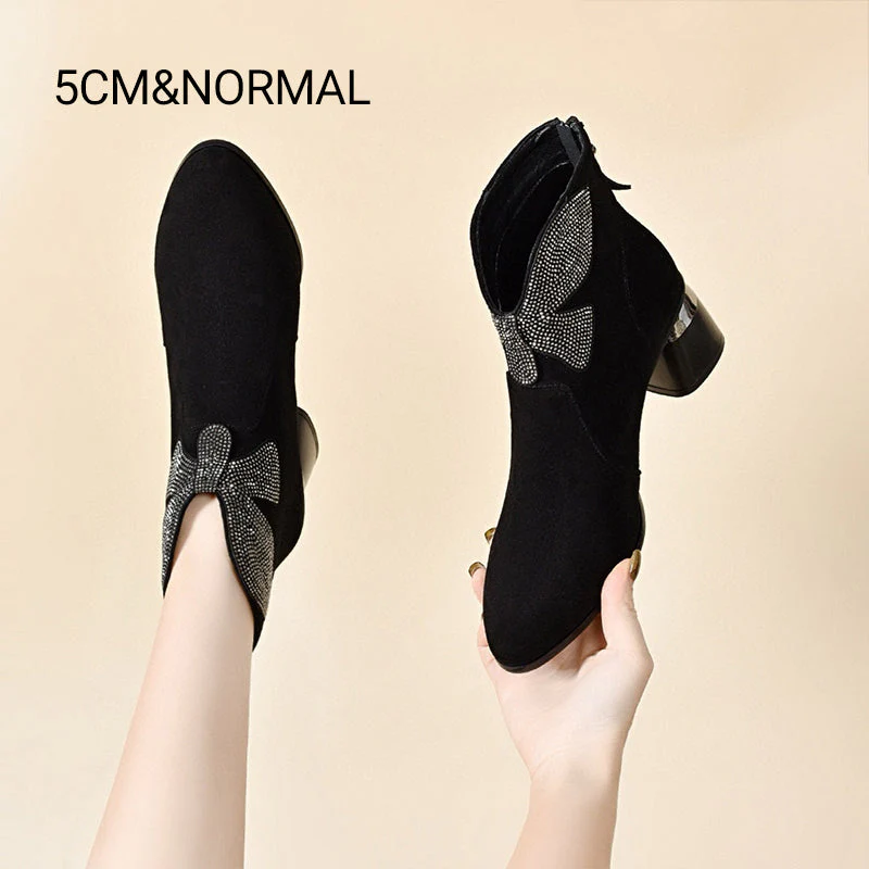 🔥New Year Specials🔥Shiny Bowknot Pointed Toe Chunky Ankle Boots