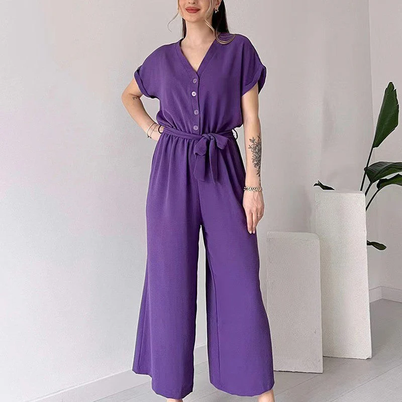 💖Women's V-Neck Short Sleeve Casual Jumpsuit