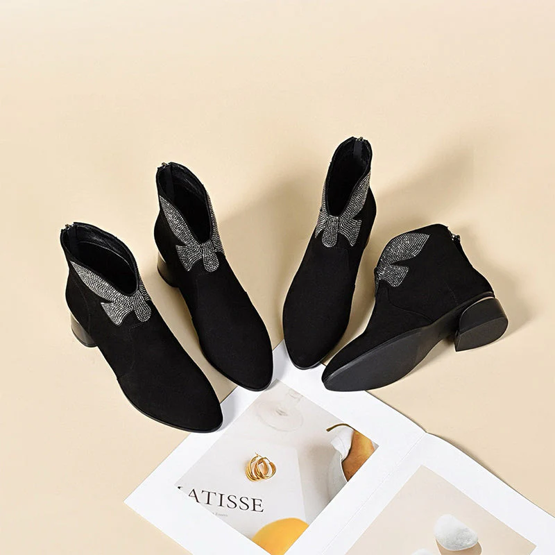 🔥New Year Specials🔥Shiny Bowknot Pointed Toe Chunky Ankle Boots