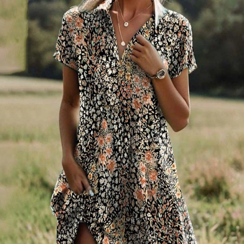 🥰New Year Specials🥰Women's Stylish Printed Casual V-Neck Dress
